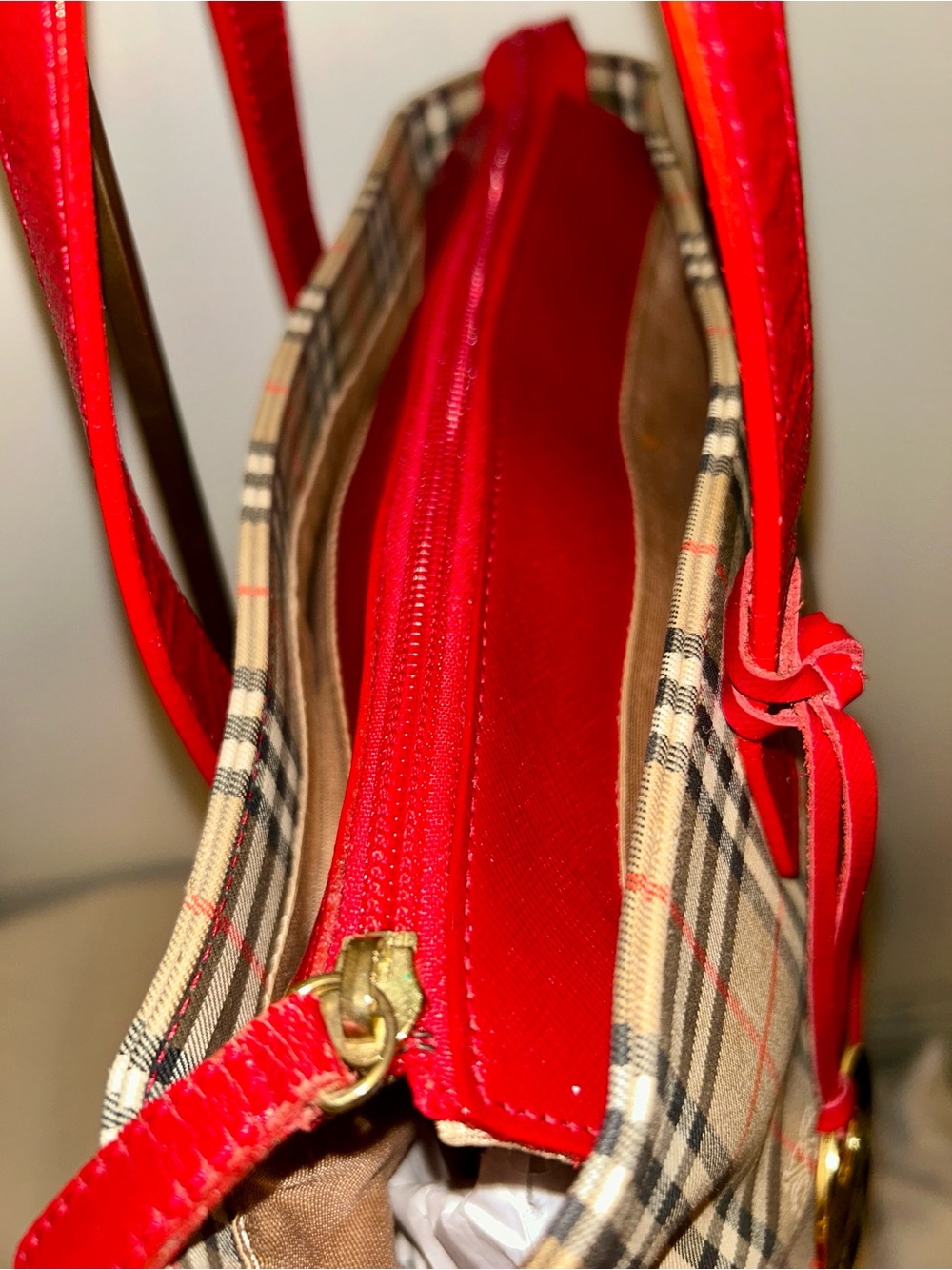 Burberry. Haymarket Check Canvas Tote Bag featuring vibrant red leather trim. - Picture 5 of 12